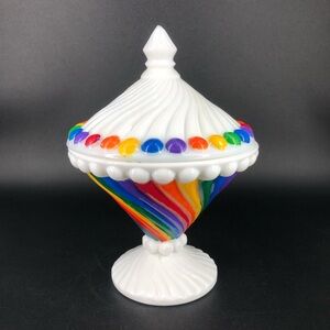 Vintage Westmoreland Milk Glass Hand-Painted Swirl Rainbow Candy Dish